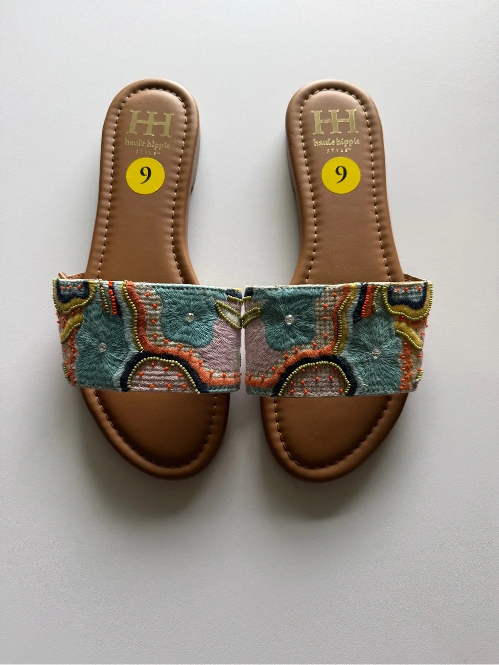 Haute Hippie Multicolor Embroidered Slide Sandals - Teal/Coral/Tan